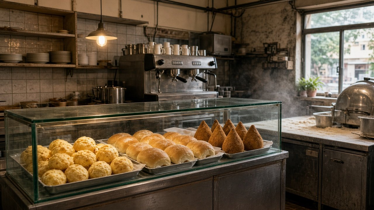 Balcão de padaria com pães, salgados e máquina de café espresso
