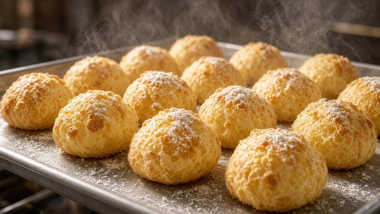 Pães de queijo dourados recém-saídos do forno